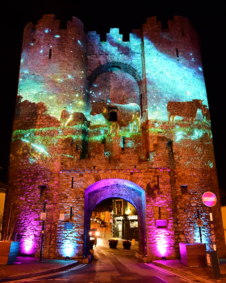 St Laurence's Gate lit up for the Lu Festival, image courtesy Lu Festival